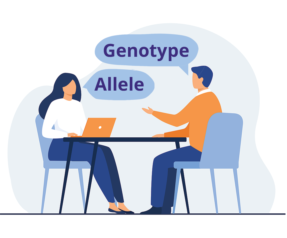 Cartoon image of two healthcare professionals discussing genomics using different nomenclature.